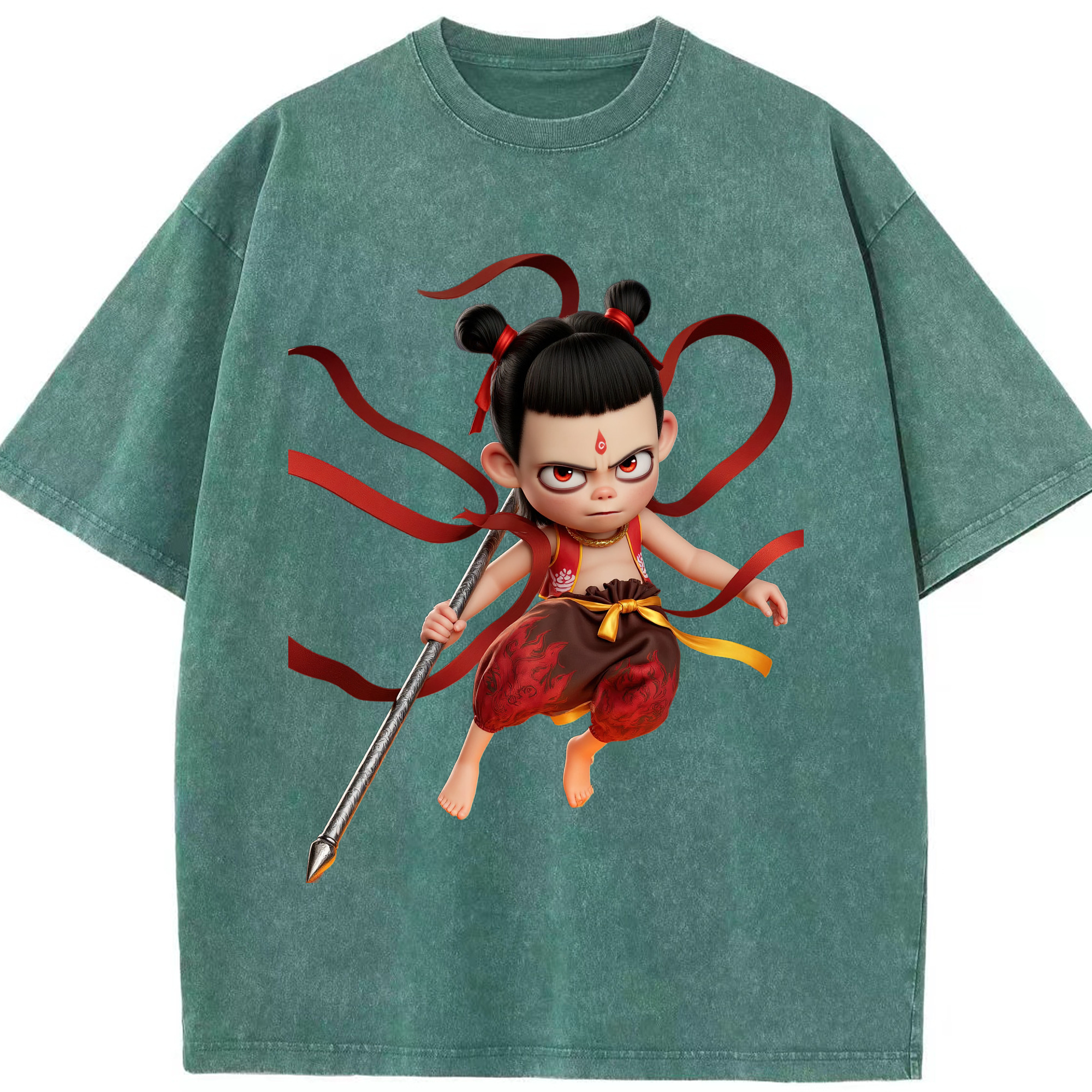 （画像用） Ne Zha 2 ナタ 魔童の大暴れ 綿100% ヴィンテージ風 半袖Tシャツ（フロントプリント）